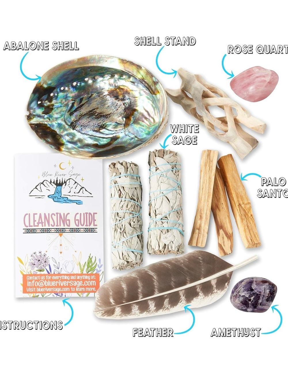 Smudging Cleansing Kit with Abalone Shell, Sage & Crystals